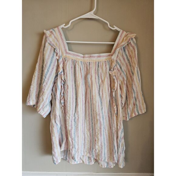 Chaps Womens Ruffle Blouse Petite Xl Peasant Flowy Cottage Striped Shirt Top - Picture 1 of 6